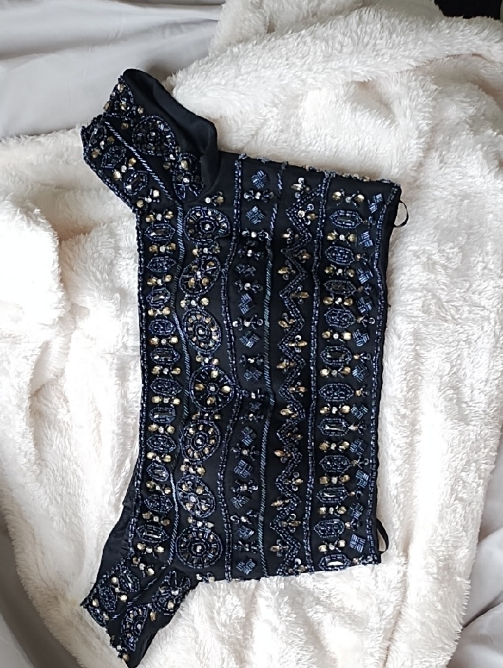 Alyce Paris Black Beaded One-Shoulder Top